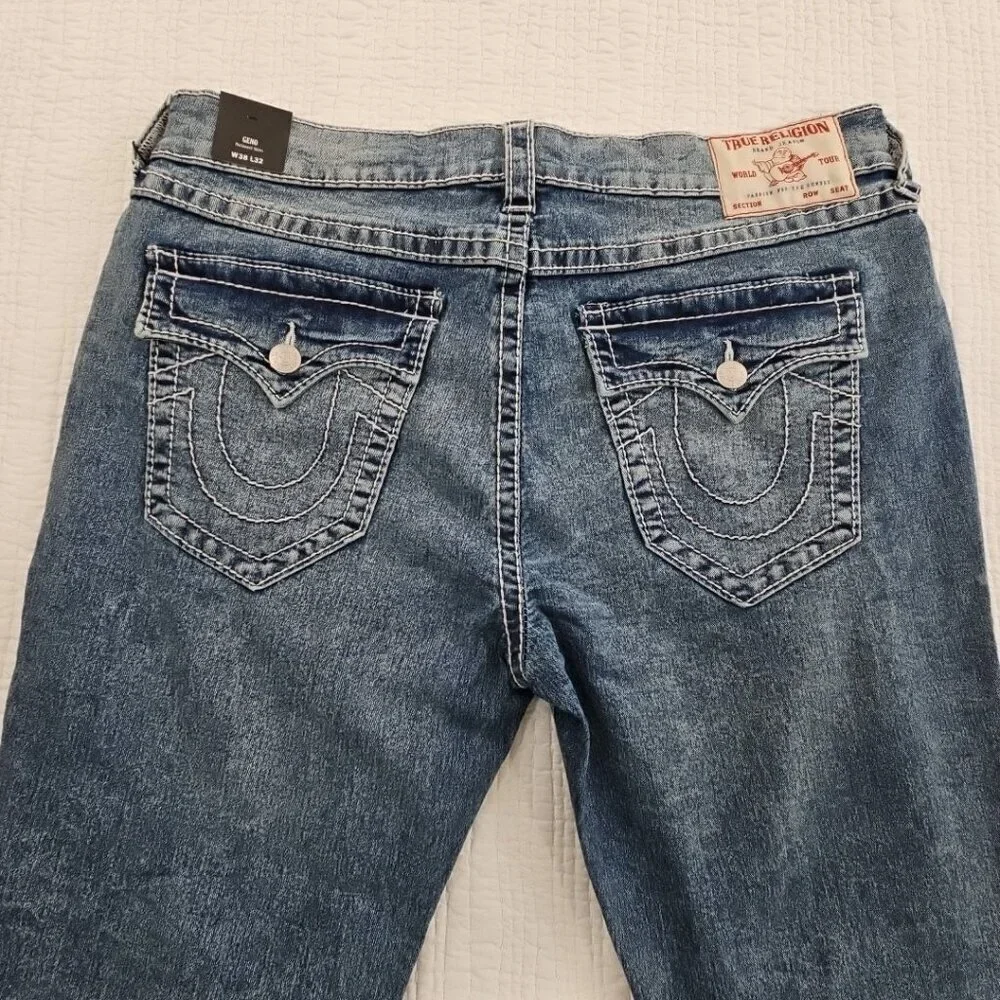NEW True‎ Religion Geno Big T Flap Jeans Men's 38x32 Blue Flap Relaxed Slim NWT